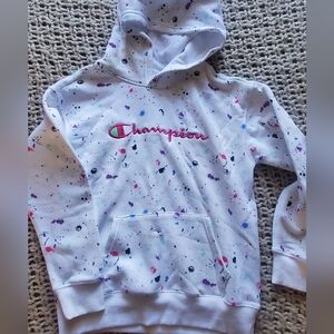 Champion White Hoodie with Colorful Splatter